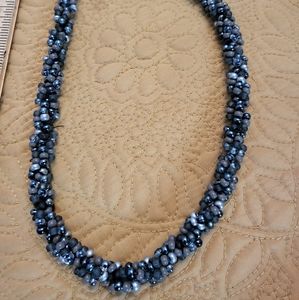 Classic! Hematite Blue Tonal 3-Strand intertwined Beaded  short Necklace with ma